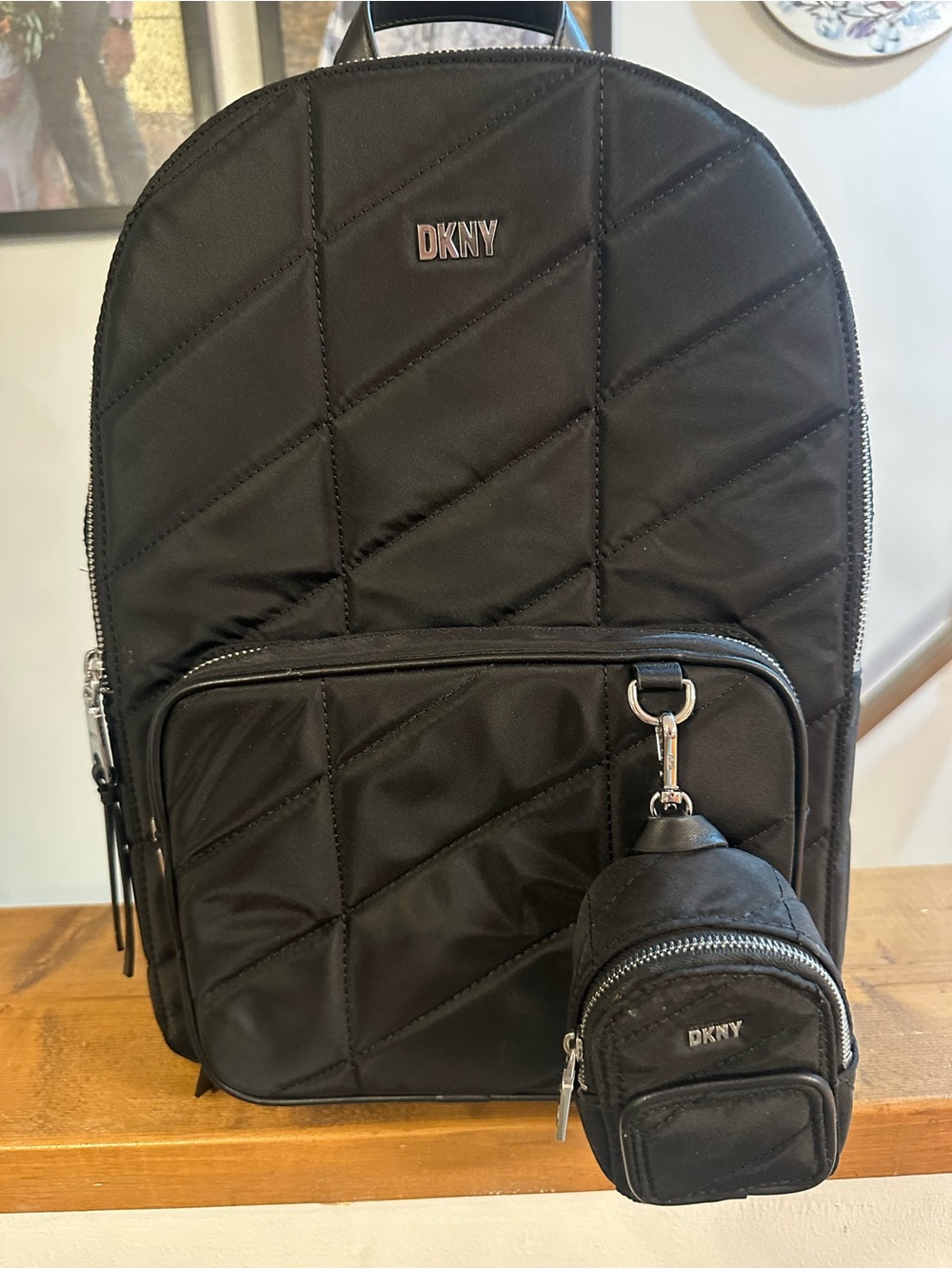 DKNY Black Quilted Nylon Backpack with Mini Pouch Charm